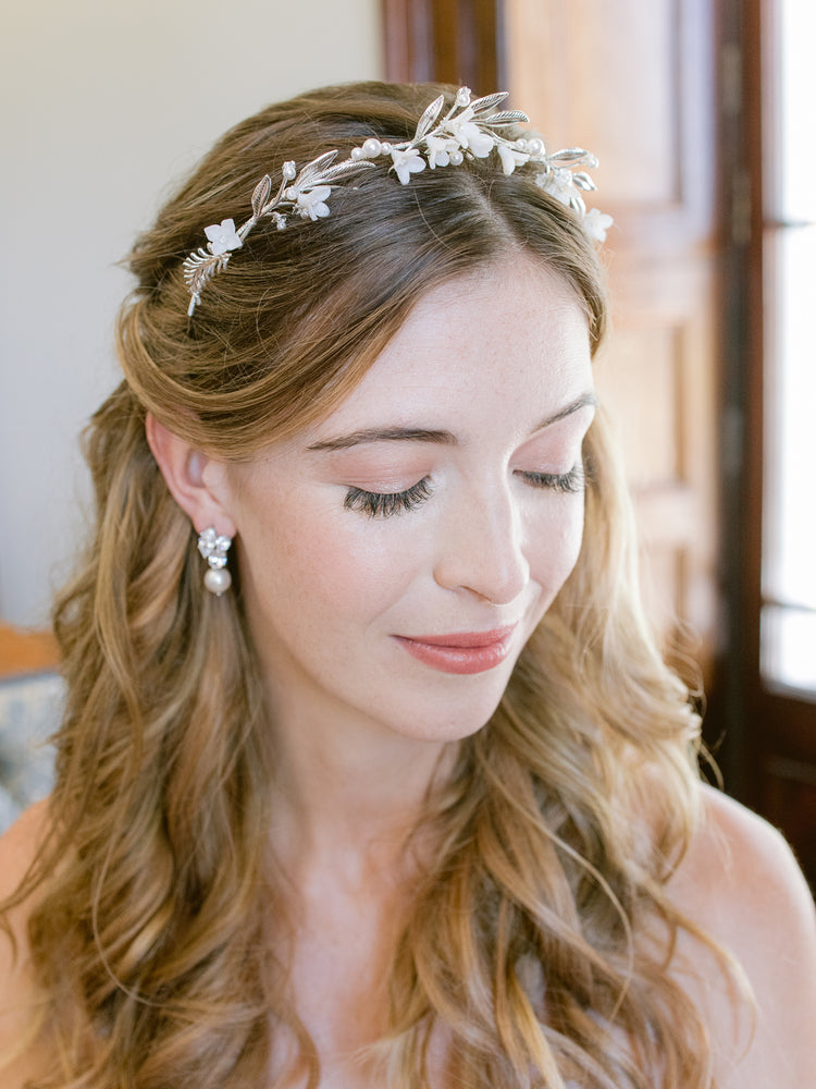 SPENCER | Silver leaf wedding tiara with flowers and pearls