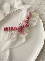 Single ruffled White Lace Wedding Garter with dusty pink bow - Classic Wedding Garter