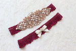 JUDY | Burgundy Rose Gold Wedding Garter Set with Rose Gold Details, Crystals and Pearls