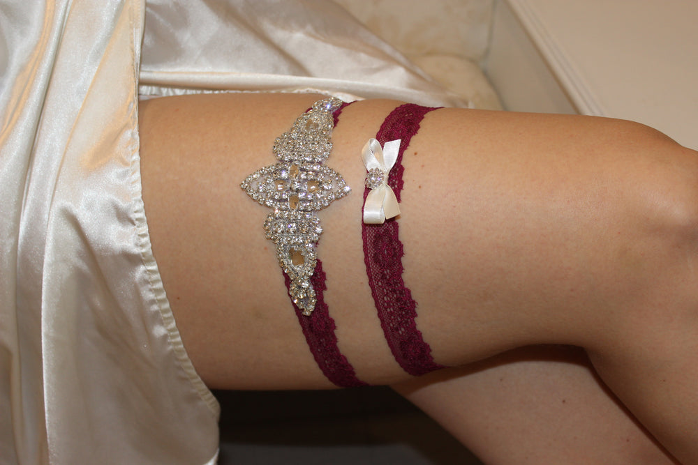 XSMALL Ready to ship Burgundy / Red Wine Lace Wedding Garter Set with Crystals