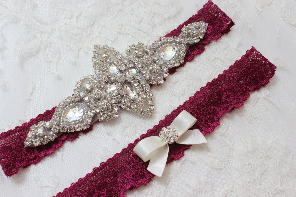 XSMALL Ready to ship Burgundy / Red Wine Lace Wedding Garter Set with Crystals