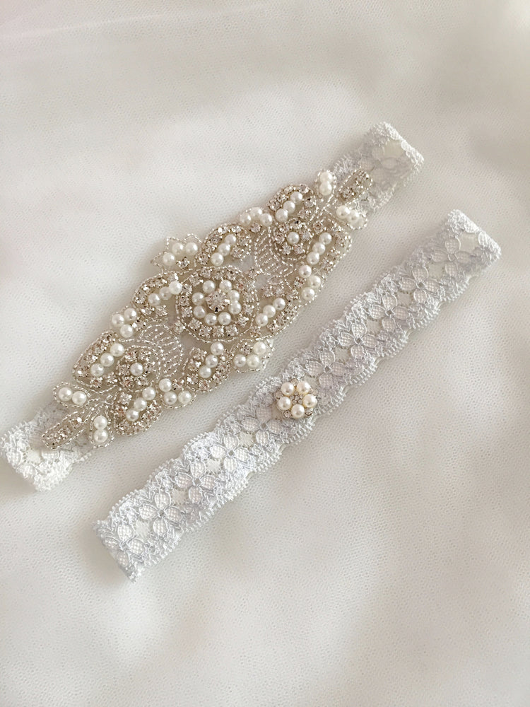 ELISABETH|  Blue Lace Wedding Garters with Crystals and Pearls - Something blue