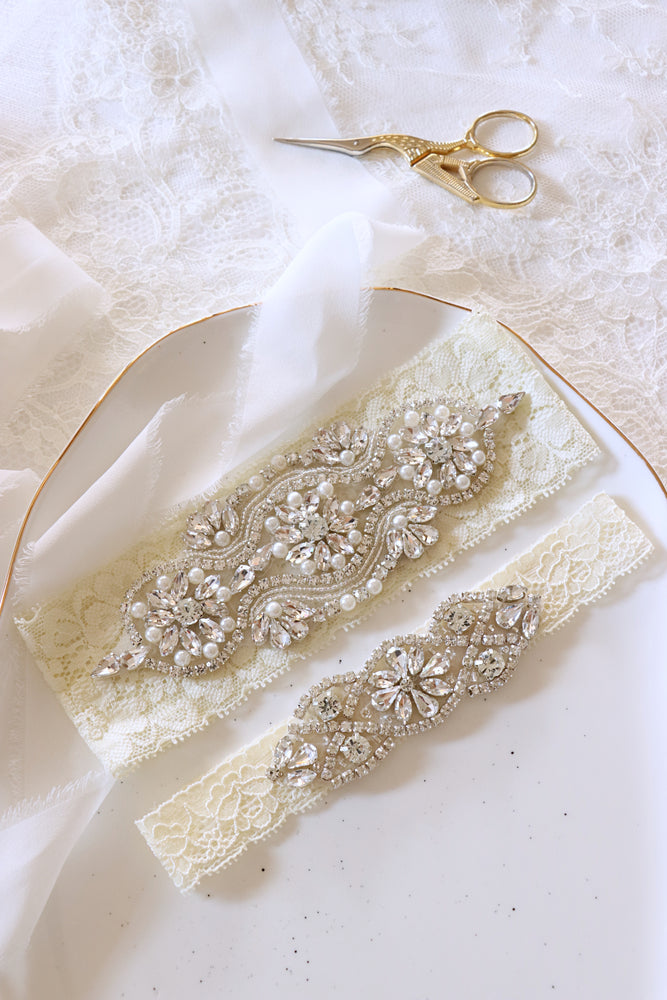 LYV | Statement luxurious wedding garter set in ivory lace with crystals and pearls  - Will match all Wedding Dresses