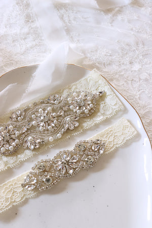 LYV | Statement luxurious wedding garter set in ivory lace with crystals and pearls  - Will match all Wedding Dresses