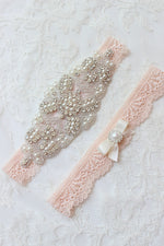 ELISABETH | Blush Lace Wedding Garter Set with Crystals and Pearls