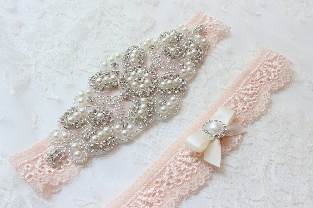 ELISABETH| Blush Lace Wedding Garter Set with Crystals and Pearls
