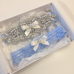 
            
                Charger l&amp;#39;image dans la galerie, ELISABETH II |  Blue Lace Wedding Garters with Crystals and Pearls - Something Blue Bridal
            
        