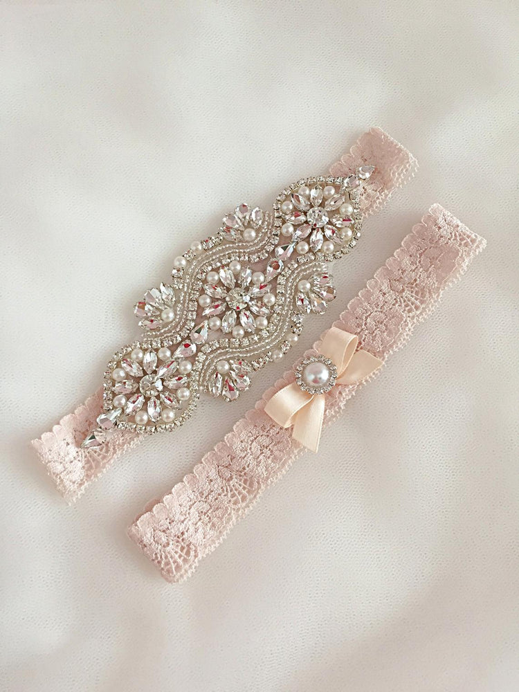 
            
                Load image into Gallery viewer, Champagne Lace Wedding Garter Set with Crystals and Pearls
            
        