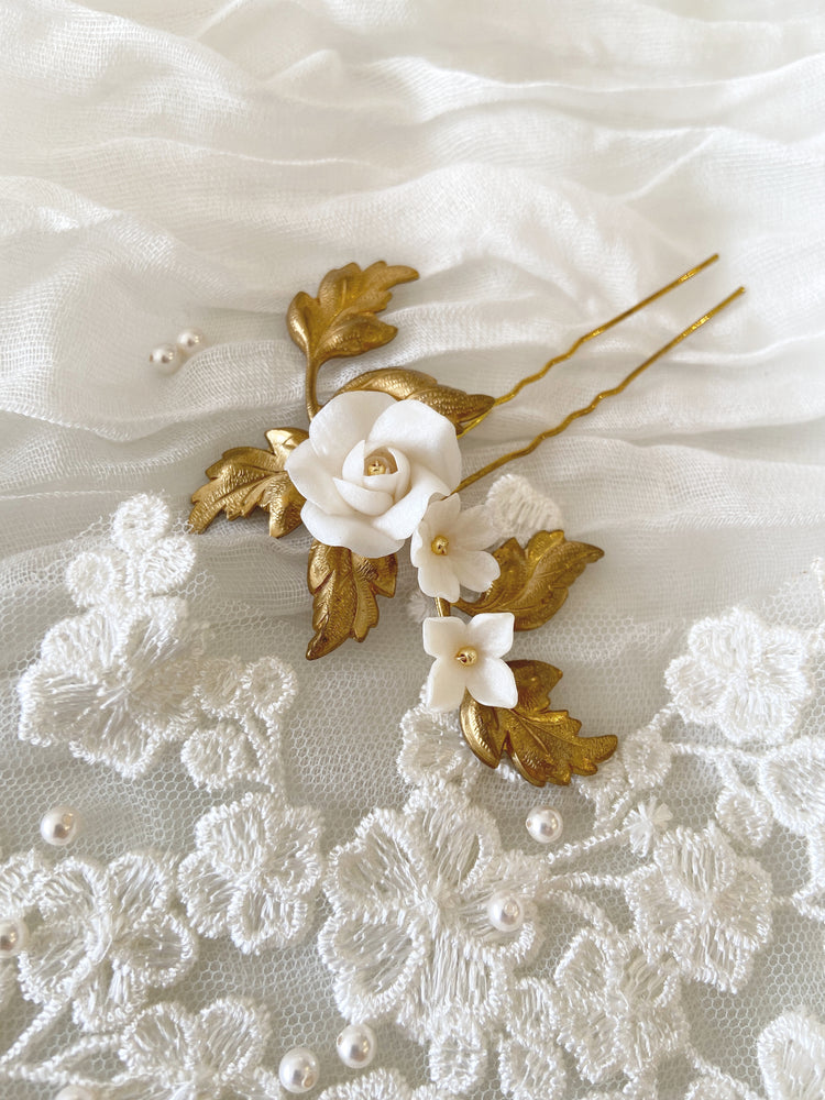 
            
                Load image into Gallery viewer, MIRABELLE | Gold floral bridal hair pin for side swept hairstyle
            
        