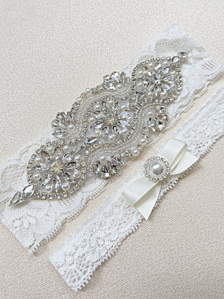 
            
                Load image into Gallery viewer, LEILA | Off White Lace Wedding Garter Set with Crystals and Pearls
            
        