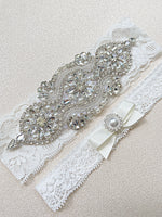 LEILA | Off White Lace Wedding Garter Set with Crystals and Pearls