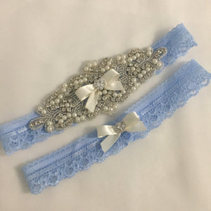 
            
                Load image into Gallery viewer, ELISABETH II |  Blue Lace Wedding Garters with Crystals and Pearls - Something Blue Bridal
            
        