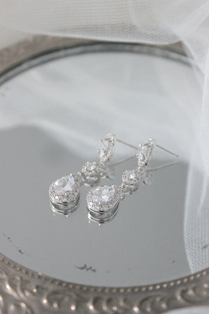 romantic silver crystal long drop bridal earrings