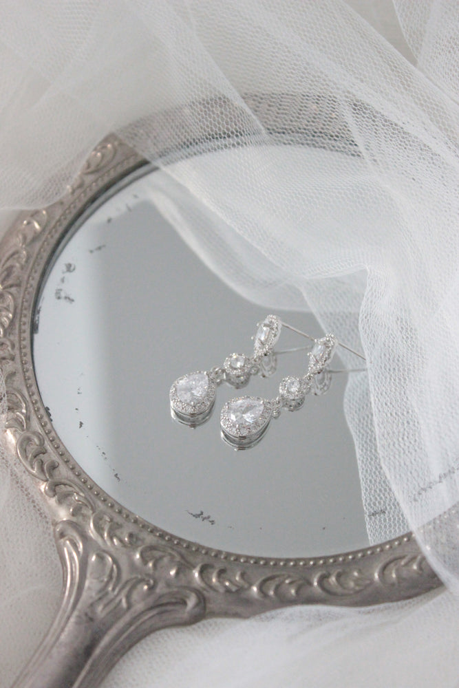 romantic silver crystal long drop bridal earrings