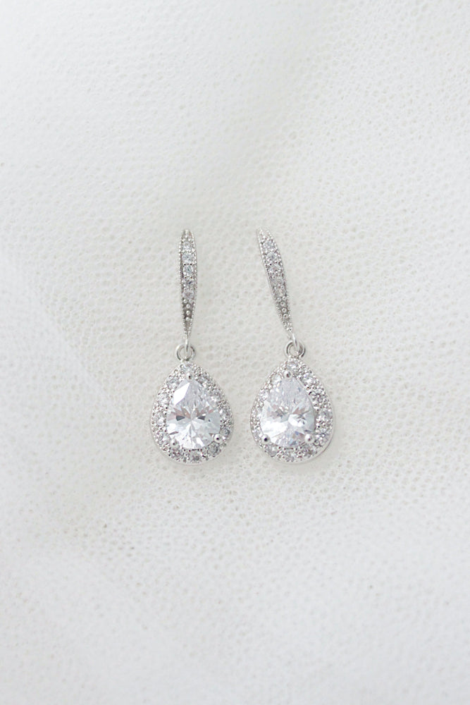 silver crystal drop pear bridal earrings