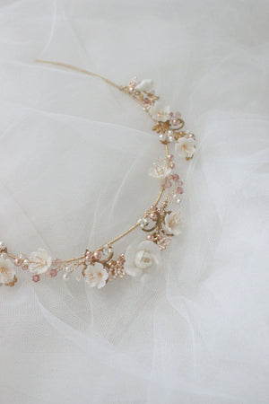 gold wedding tiara handcrafted with roses, flowers and blush pearls and seed beads by shenoblesse