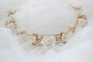 
            
                Load image into Gallery viewer, gold wedding tiara handcrafted with roses, flowers and blush pearls and seed beads by shenoblesse
            
        