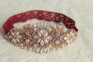 Burgundy Rose Gold Wedding Garter Set with Rose Gold Details, Crystals and Pearls