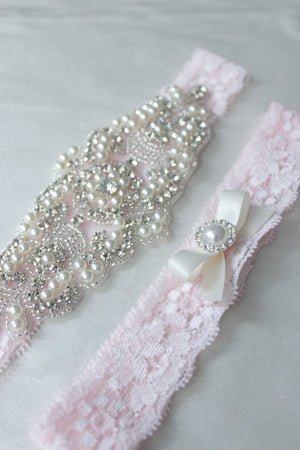 ELISABETH | Wedding Garter Set with Crystals and Pearls - Light Pink - Barbie pink