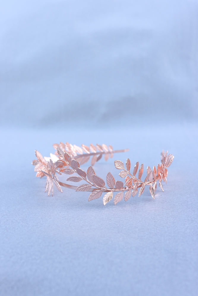 rose gold laurel leaf headpiece tiara for bride and wedding