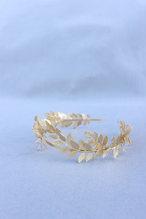 gold laurel leaf headpiece tiara for bride and wedding