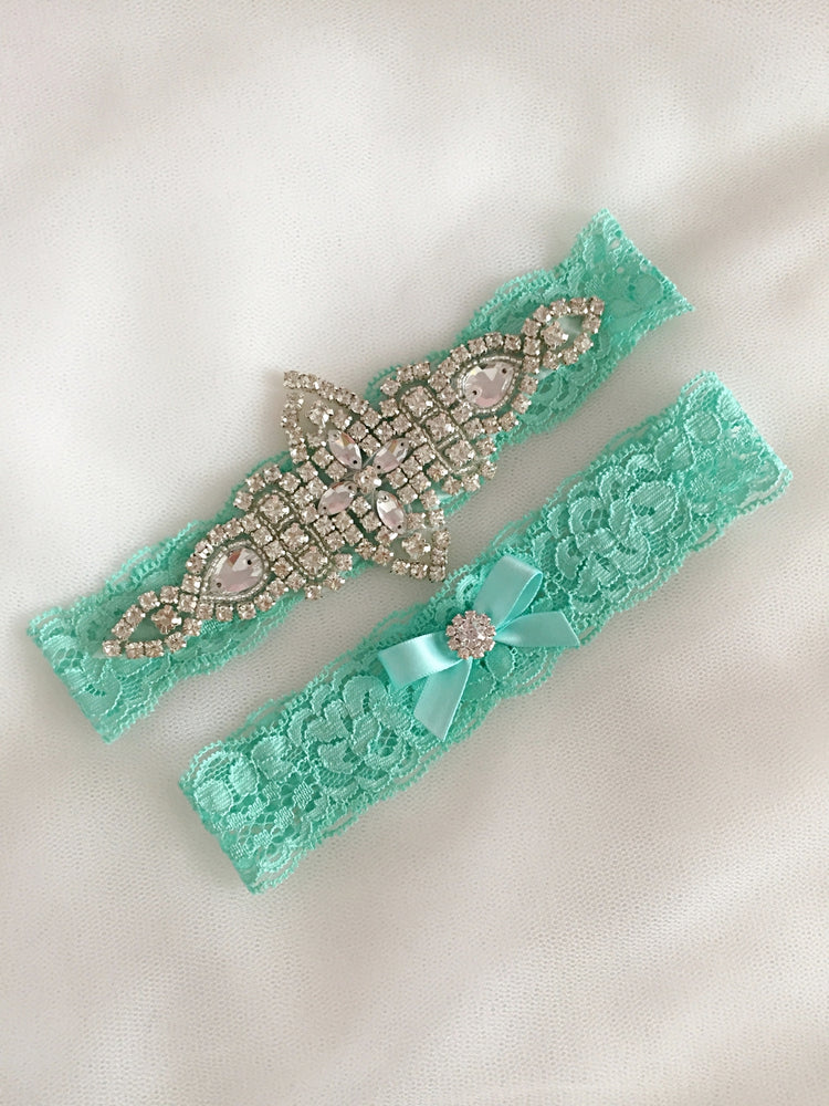 
            
                Load image into Gallery viewer, KENNA | Tiffany Blue Lace Wedding Garter Set with Crystals
            
        