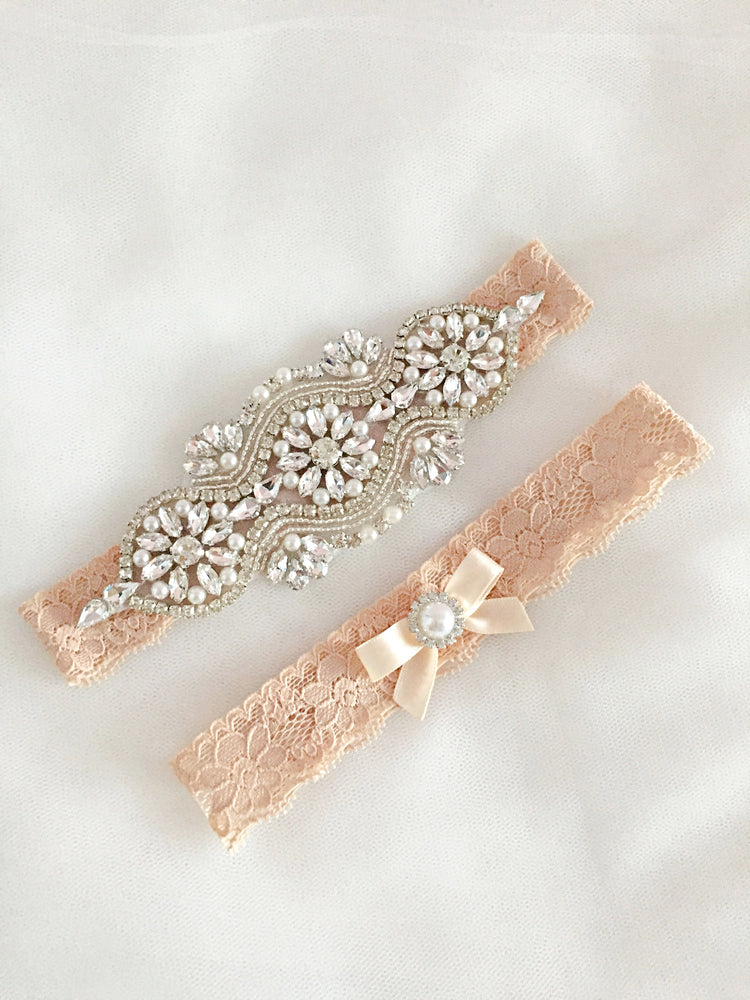 LEILA | Gold Champagne Lace Wedding Garter Set with Crystals and Pearls