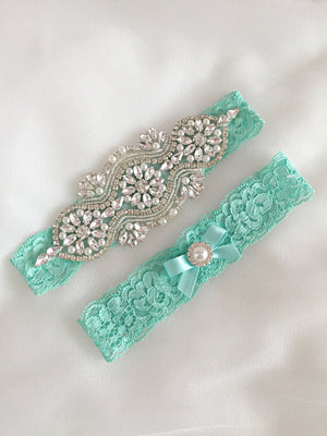 LEILA | Tiffany Blue Lace Wedding Garter Set with Crystals and Pearls