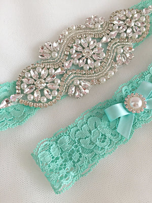 
            
                Load image into Gallery viewer, LEILA | Seafoam Turquoise Lace Wedding Garter Set with Crystals and Pearls
            
        