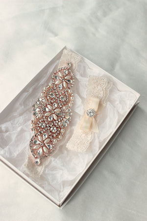 JUDY | Rose gold wedding garter set with champagne lace and crystals