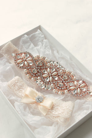 JUDY | Rose gold wedding garter set with champagne lace and crystals