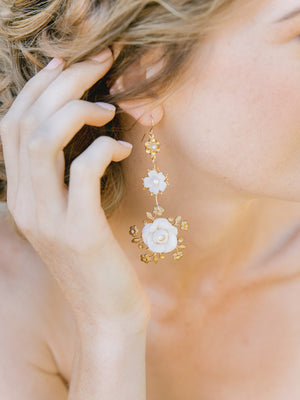 
            
                Load image into Gallery viewer, bride wearing gold floral crown or tiara with matching gold floral statement earrings
            
        