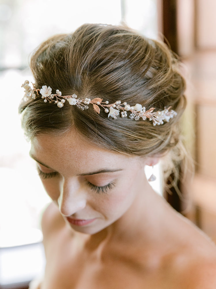 Floral bridal hair vine to wear as a wreath on the hairline or at the back with half up hairstyle.