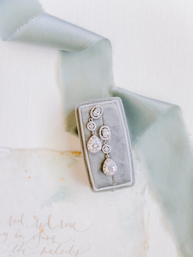 dazzling silver crystal long drop bridal earrings in a keepsake handmade velvet ring box