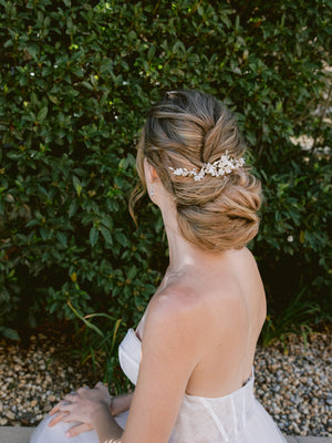 Silver bridal headpiece that can be worn with a veil and updo.