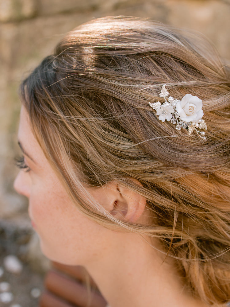 Modern bridal hair accessories with blue crystals for updo and wedding chignon