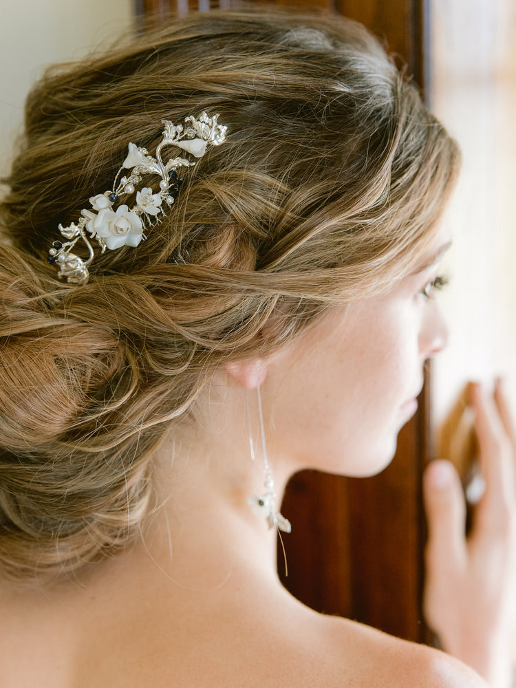 ALEXA | Silver Floral Wedding Hair Comb with Blue Crystals and Pearls